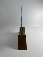 Load image into Gallery viewer, Handmade Fused Glass Round/Disc Blue Flower Ornament in a handmade Oak stand
